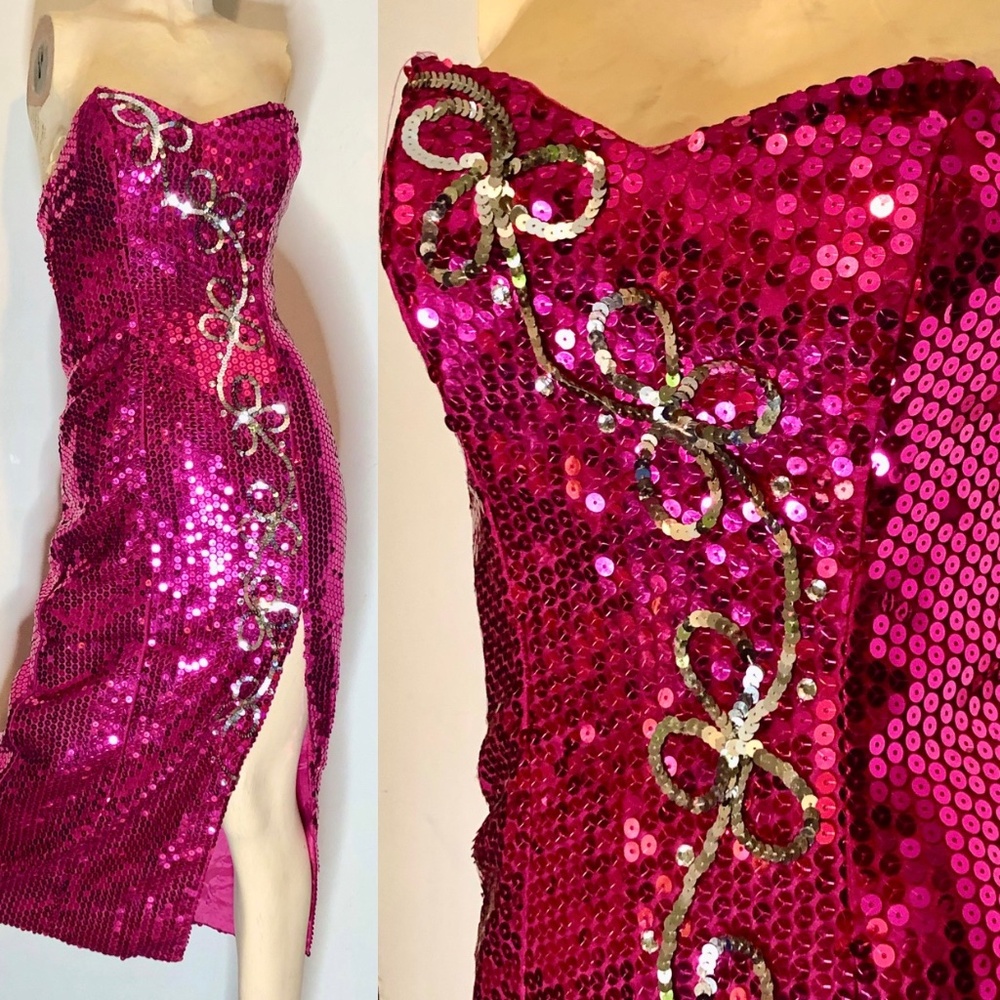 Vtg 80s Sequined Fuchsia Pink w/Silver Strapless Wiggle Evening Pageant Gown~2